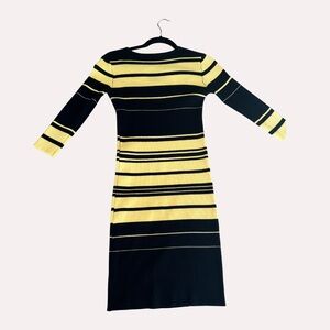 Roswe Black Yellow Striped Ribbed Sweater Dress Size L V Neck